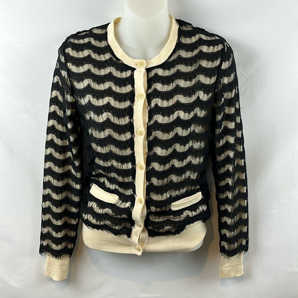 Trina‎ Turk Eyelash Lace Overlay Black Cream Merino Wool Cardigan Sweater Size P